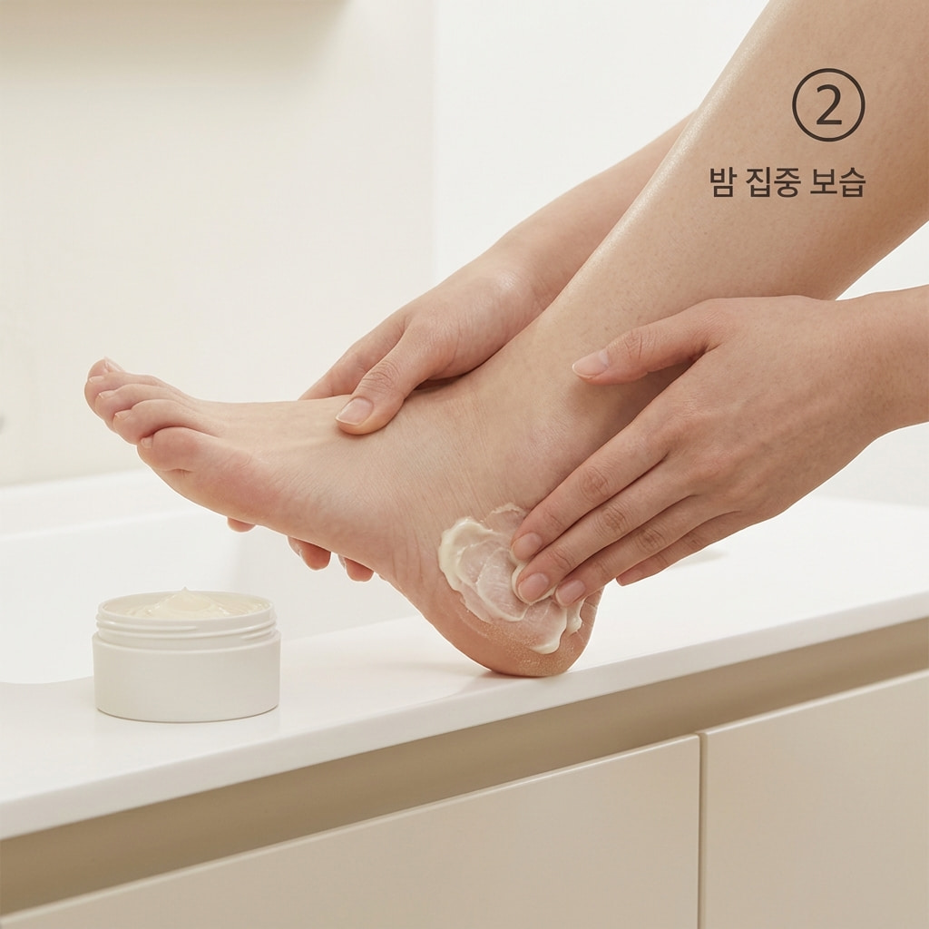 아침 풋크림 양말 미끄러짐을 방지하기 위해 두 손으로 콩알 크기의 소량의 크림을 덜어 거친 발뒤꿈치 중심으로 얇게 펴 바르는 모습.