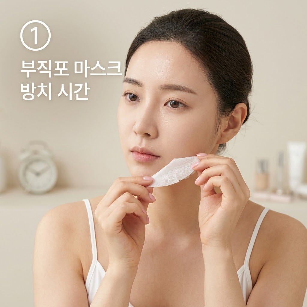 일반 부직포 마스크팩 사용시간 기준에 맞춰 두 손으로 타이머 알람을 확인한 뒤 턱선 가장자리부터 시트를 부드럽게 떼어내는 모습.