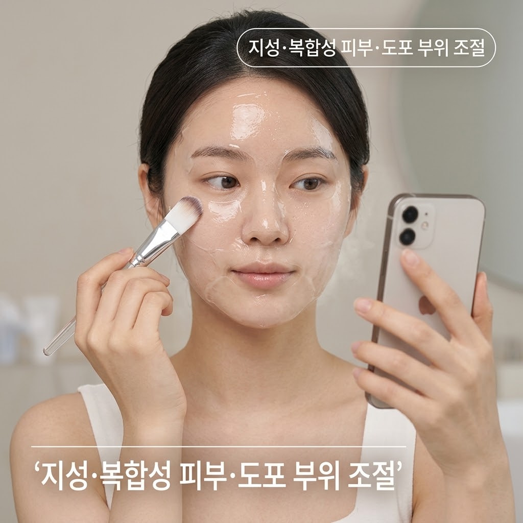 깔끔하고 모던하게 정돈된 욕실 거울 앞. "두 개의 실내 사람 손"이 스패출러를 섬세하게 쥐고, 유분이 많은 T존(이마, 코)에는 팩을 뭉치지 않게 고루 펴 바르고, 비교적 건조한 U존(턱, 뺨 외곽)에는 아주 얇게 스치듯 도포량을 조절하는 집중 액션을 보여주고 있습니다. 세면대 위에는 번들거림 없이 산뜻한 케어의 느낌을 주는 차가운 스테인리스 소재의 "계량컵 없는 믹싱 볼"이 안정감 있게 세팅되어 있어, 피부 부위별 컨디션에 맞춘 똑똑하고 전문적인 도포 상황을 묘사합니다.