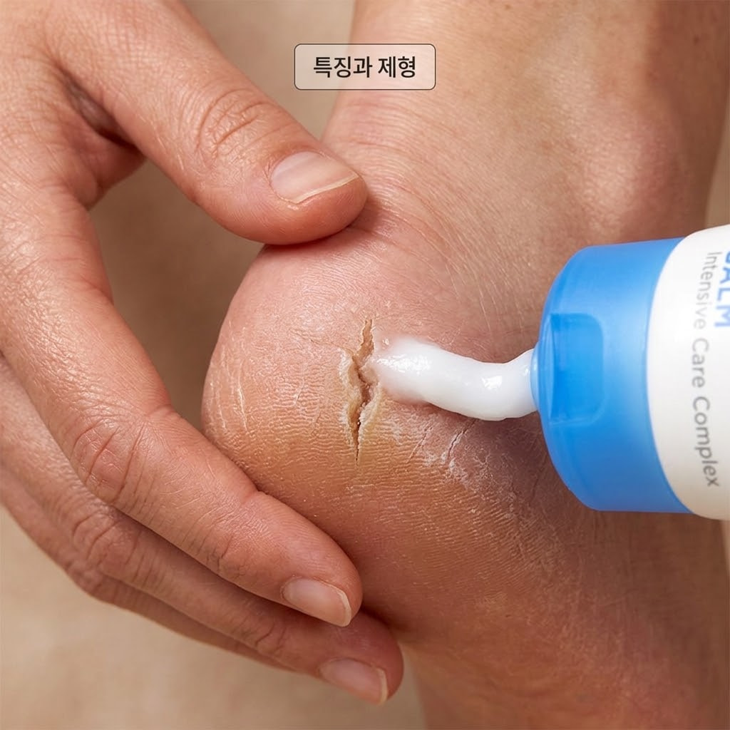 뒤꿈치 갈라짐 보호 및 마찰 감소: 꾸덕한 티타니아 크랙트힐밤 제형 발뒤꿈치 갈라짐 보호를 위한 티타니아 크랙트힐밤. 꾸덕한 힐밤 제형을 갈라진 뒤꿈치 틈새에 메우듯 바르는 모습.