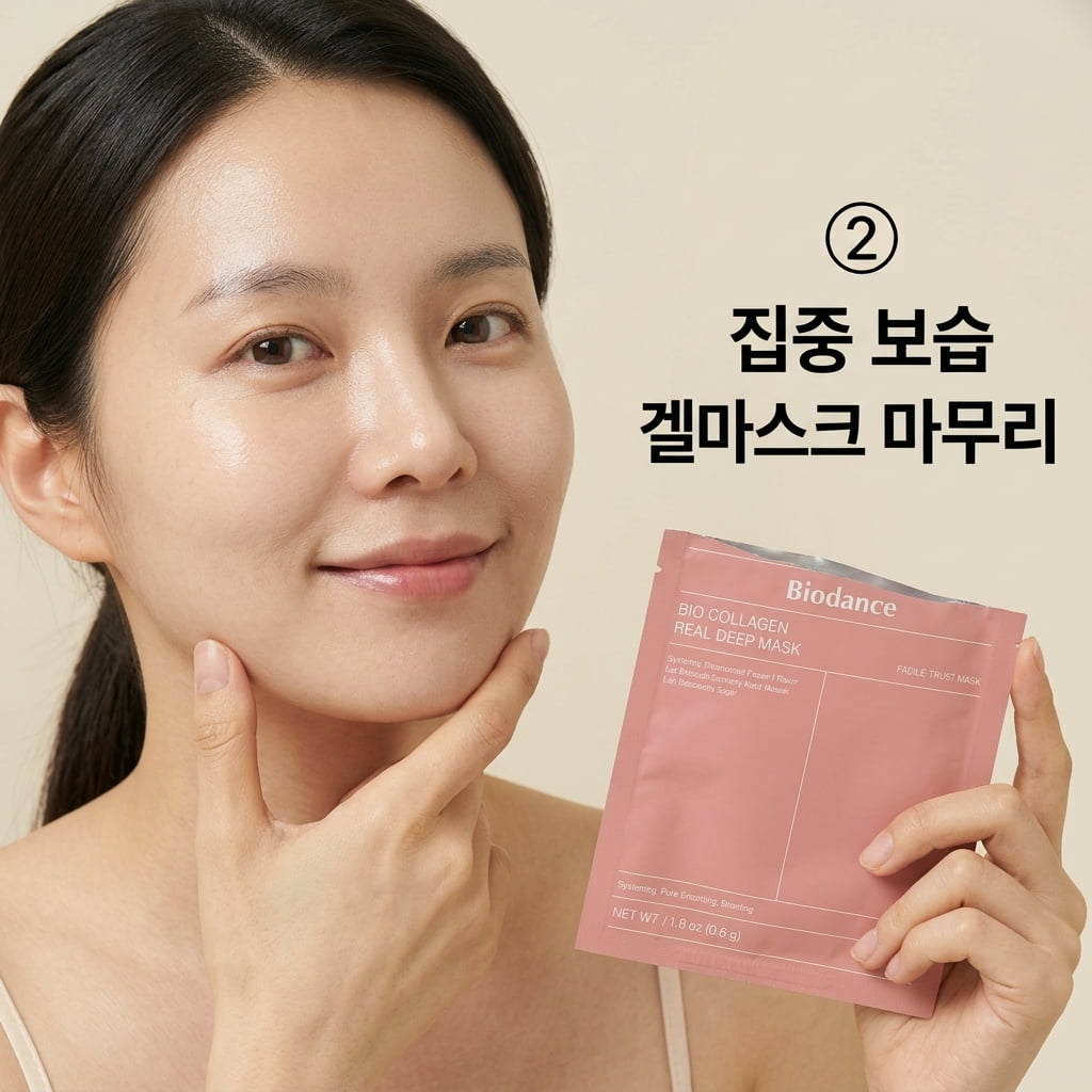집중 보습용 올리브영 콜라겐 겔마스크 약속 전날 집중 보습을 위해 두 손으로 올리브영 콜라겐 하이드로겔 마스크의 상하 분리형 시트를 꺼내어 에센스 잔여감을 확인하는 모습.