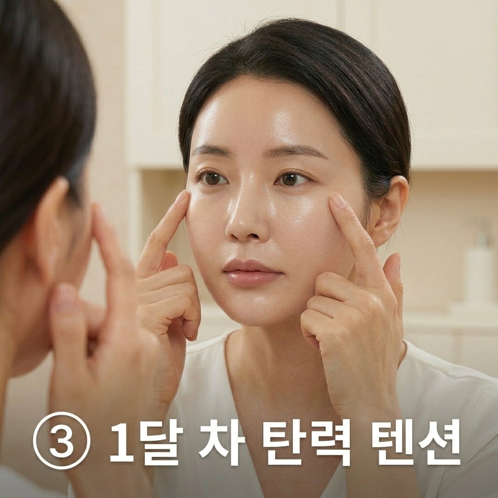 꾸준한 콜라겐 팩 사용으로 미세 잔주름 리프팅 효과를 점검하기 위해 두 손의 손가락으로 눈가와 입가 주변을 가볍게 위로 끌어올리며 텐션을 확인하는 모습.