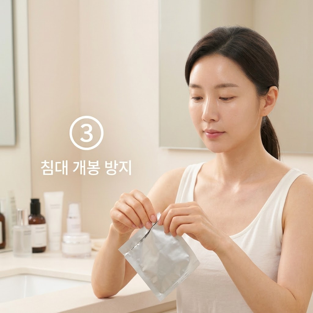 침대 위 마스크팩 사용을 피하기 위해 두 손으로 화장대 앞에서 시트팩 파우치를 조심스럽게 뜯어내며 수면 전 스킨케어를 준비하는 모습.