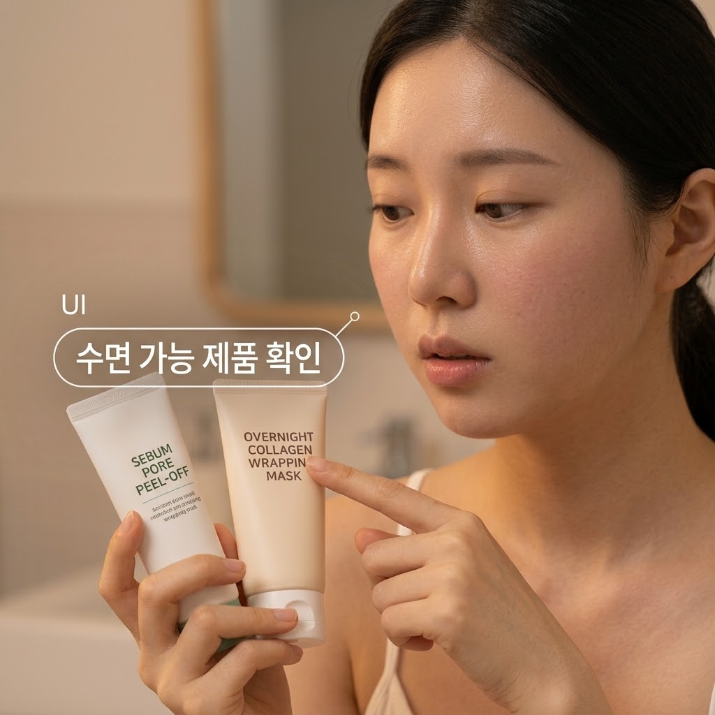포근한 무드등이 켜진 저녁 화장대. "두 개의 사람 손"이 필오프팩 패키지 뒷면의 '수면 전용(오버나이트)' 안내 문구를 손가락으로 가리키며 꼼꼼하게 확인하는 액션을 취하고 있습니다. 그 옆에는 밤새 피부에 올릴 수면 팩 제형을 미리 덜어둔 맑은 투명 유리 소재의 "계량컵 없는 믹싱 볼"이 깨끗하게 놓여 있어, 용도에 맞는 안전한 제품을 선별하는 나이트 케어 준비 과정을 보여줍니다.