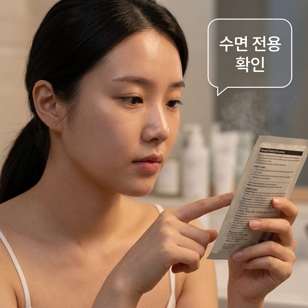 은은한 무드등이 켜진 저녁의 아늑한 화장대. "두 개의 사람 손"이 수면 전용 랩핑 마스크팩 패키지 뒷면의 '오버나이트' 안내 사항을 손가락으로 짚어가며 일반 워시오프 팩과 꼼꼼하게 구분하는 액션을 취하고 있습니다. 그 옆에는 밤새 피부를 덮어줄 수면 팩 제형이 맑은 투명 유리 소재의 "계량컵 없는 믹싱 볼" 안에 깨끗하게 담겨 있어, 모공을 막지 않는 용도에 맞는 제품을 정확히 선별하는 스마트한 나이트 케어 준비 과정을 보여줍니다.