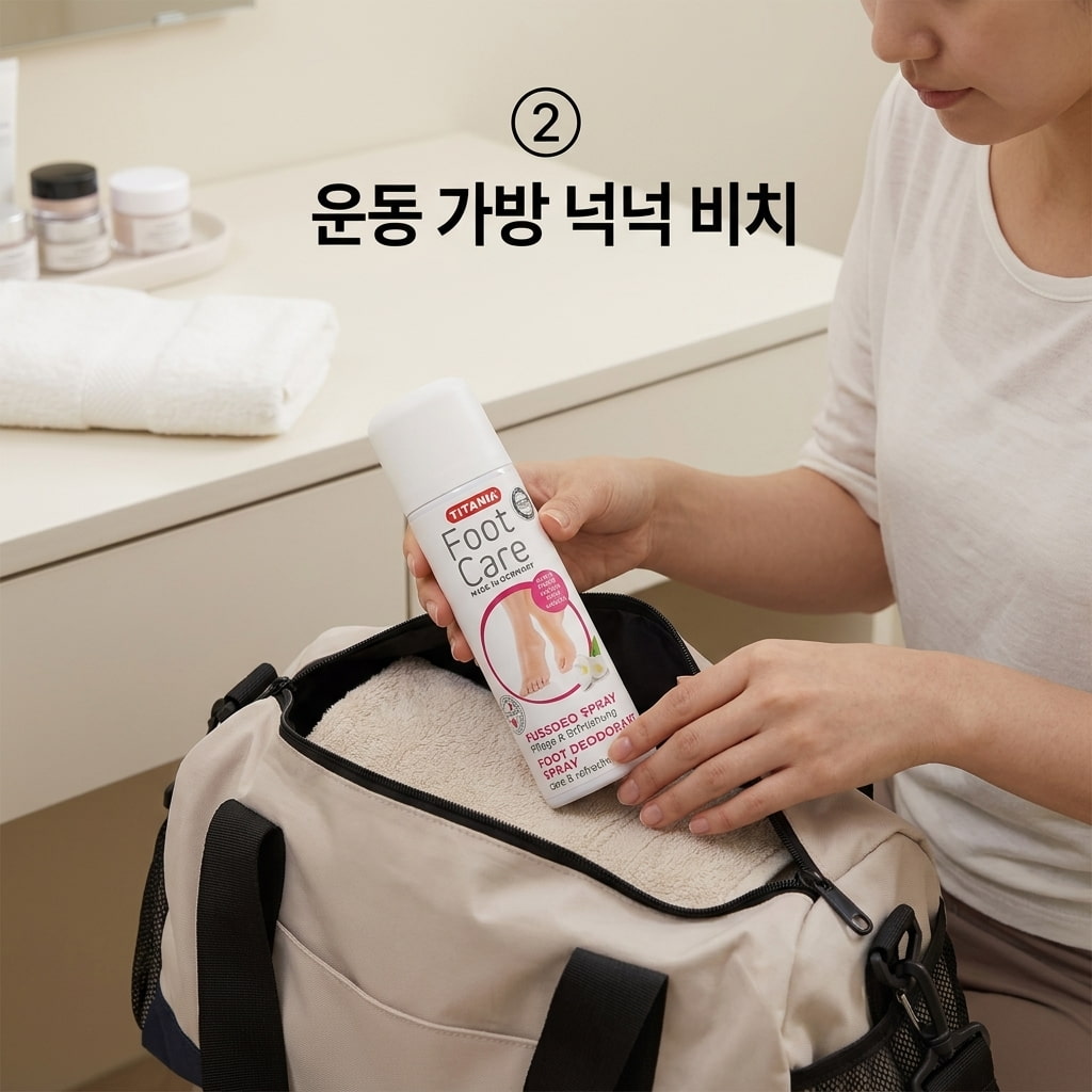 대용량 풋스프레이 비치를 위해 두 손으로 200ml 용기의 스프레이를 쥐고 헬스장 운동 가방 안쪽 빈 공간에 넉넉하게 채워 넣는 모습.