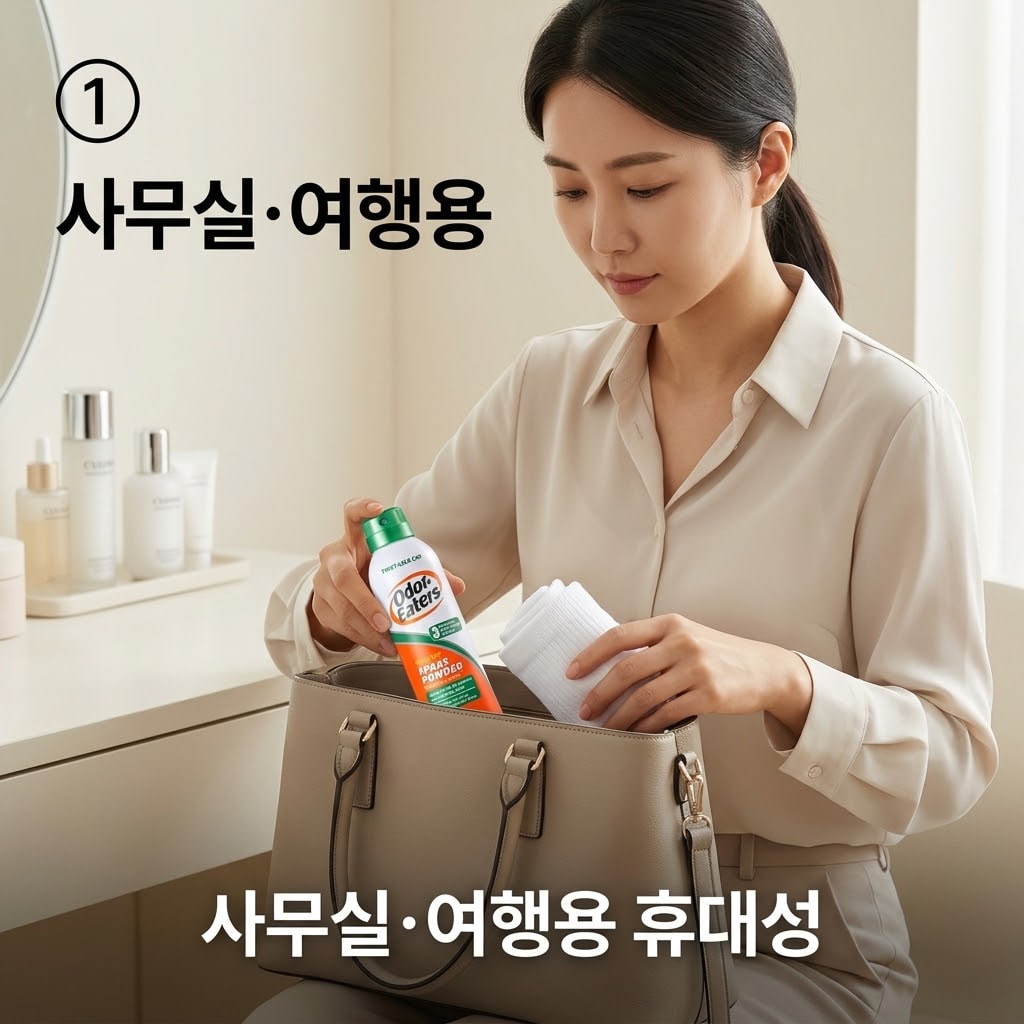 사무실 풋스프레이 휴대성을 높이기 위해 두 손으로 작은 용량의 제품과 뽀송한 여분 양말을 외출용 가방 안에 함께 챙겨 넣는 모습.