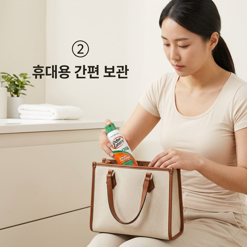 휴대용 풋스프레이 활용성을 확인하기 위해 두 손으로 113g 용량의 작은 스프레이 제품을 외출용 가방 안에 간편하게 챙겨 넣는 모습.