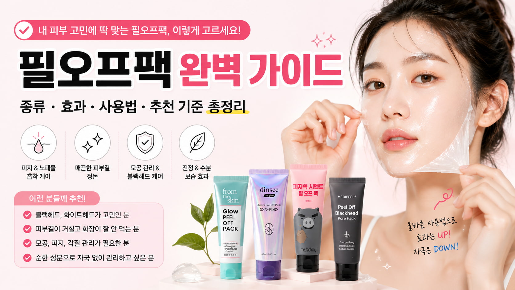 필오프팩 완벽 가이드, 종류와 효과부터 올바른 사용법과 피부 타입별 추천 기준까지 정리한 이미지