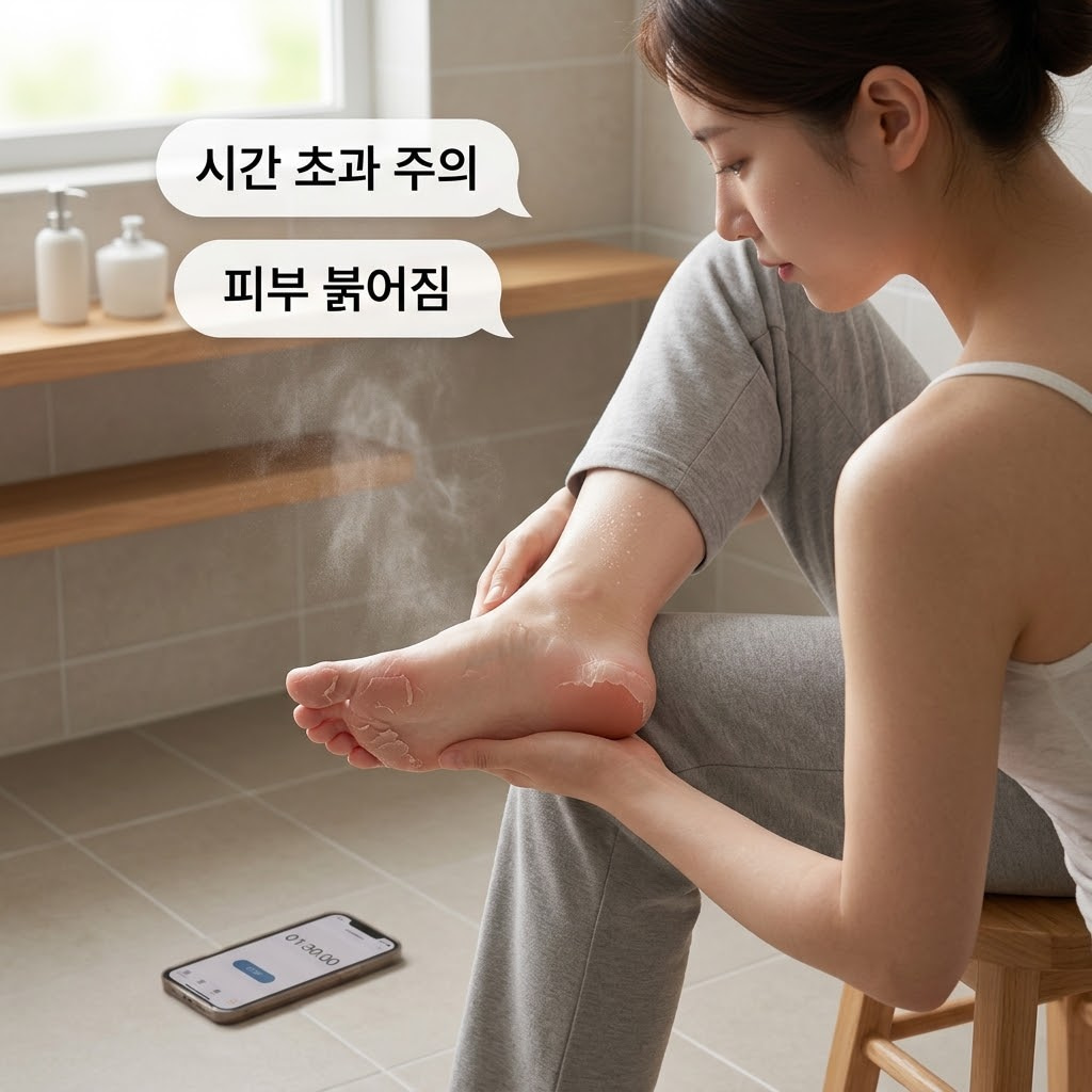 차분한 조명이 켜진 소파 위. 미리 맞춰둔 타이머가 울리자마자 "두 개의 사람 손"이 지체 없이 발에 씌워진 발각질팩을 벗겨내기 위해 발목 고정 스티커를 조심스럽게 떼어내는 정확한 타이밍의 액션을 취하고 있습니다. 소파 옆 테이블 위에는 곧바로 발을 닦으러 갈 때 사용할 깨끗한 수건이 차가운 스테인리스 소재의 "계량컵 없는 믹싱 볼" 안에 정갈하게 대기하고 있어, 멀쩡한 생살 손상 없이 완벽한 각질 연화 효과를 얻기 위해 골든타임을 칼같이 지키는 상황을 보여줍니다.