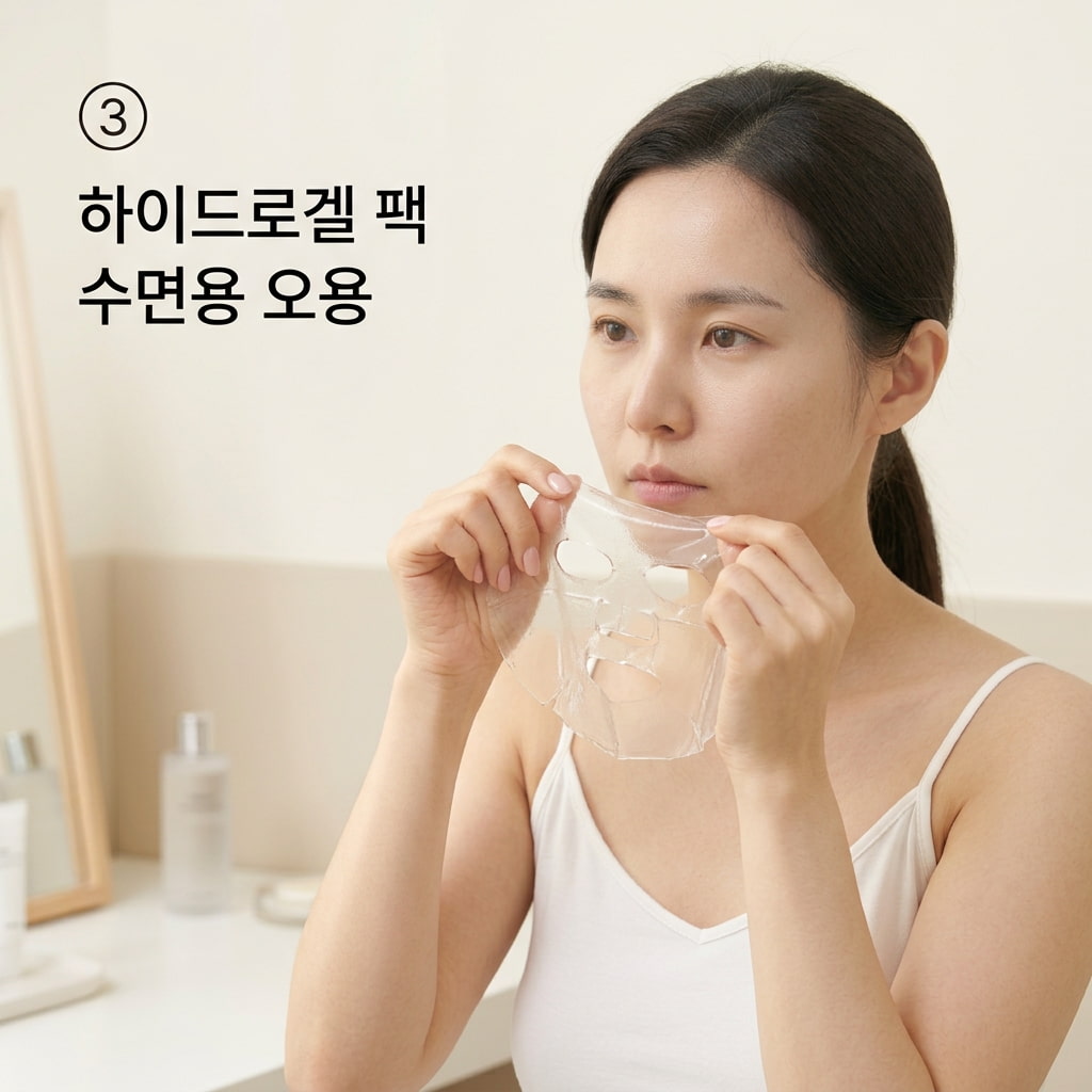 하이드로겔 팩 수면용 오용을 피하기 위해 두 손으로 권장 시간이 지난 겔 마스크의 턱선 가장자리를 잡아 떼어내는 모습.