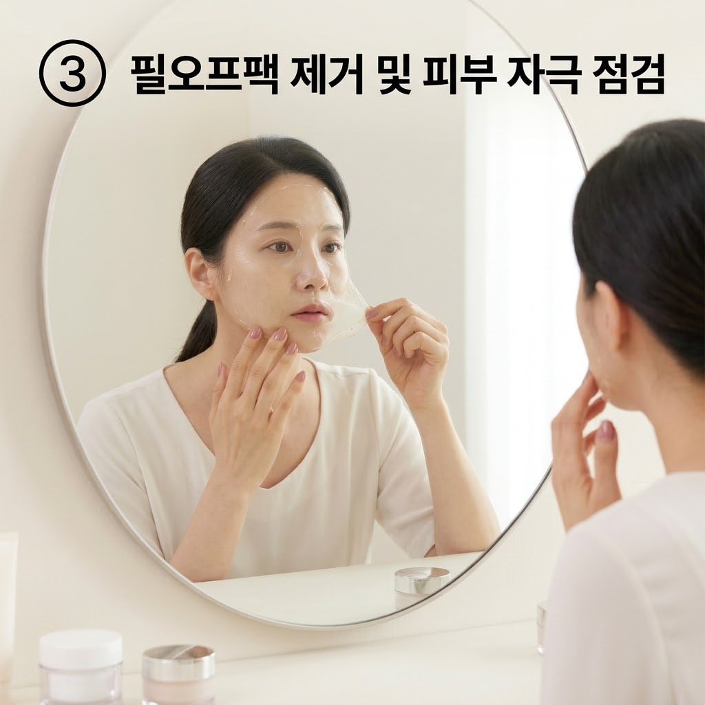 글로우 필오프팩 후기 기준에 맞춰 두 손으로 턱 아래쪽부터 건조된 팩을 조심스럽게 떼어내며 피부 당김과 붉은기 발생 여부를 살피는 모습.