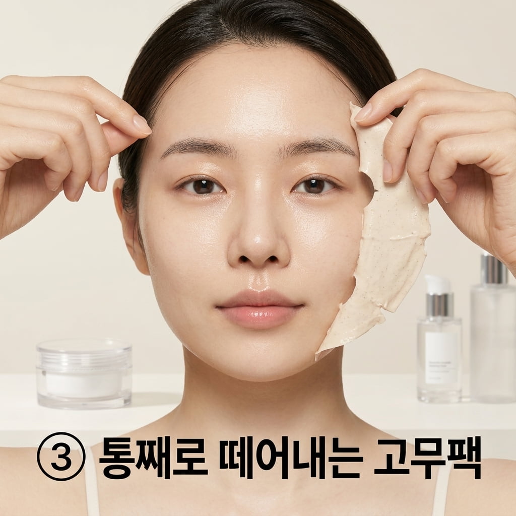세안 없이 자극 없이 떼어내는 고무팩 민감성 피부의 수분 유지를 위해 세안 없이 두 손으로 통째로 굳어진 고무팩을 가장자리부터 부드럽게 떼어내는 모습.