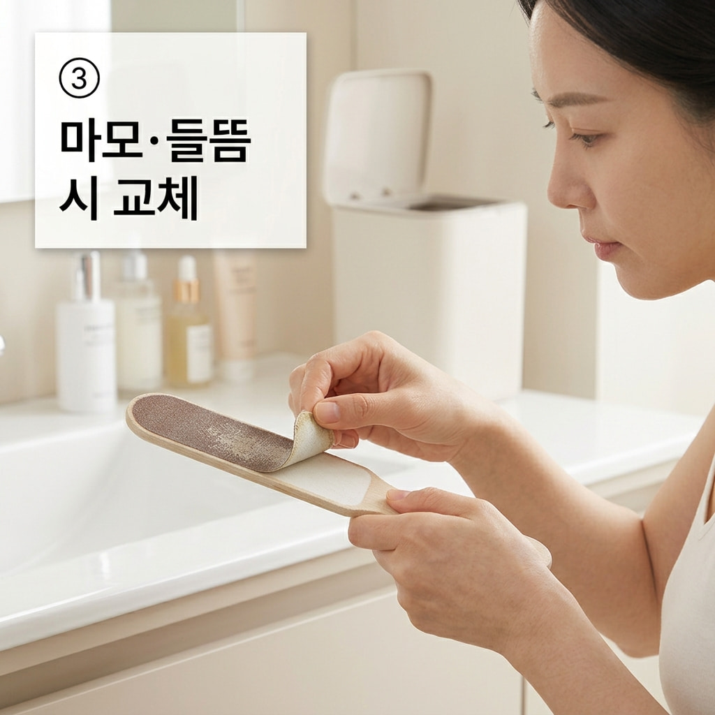 접착식 리필 교체 주기에 맞춰 두 손으로 연마 입자가 닳고 모서리가 들뜬 회색 패드를 손잡이에서 조심스럽게 떼어내는 모습.