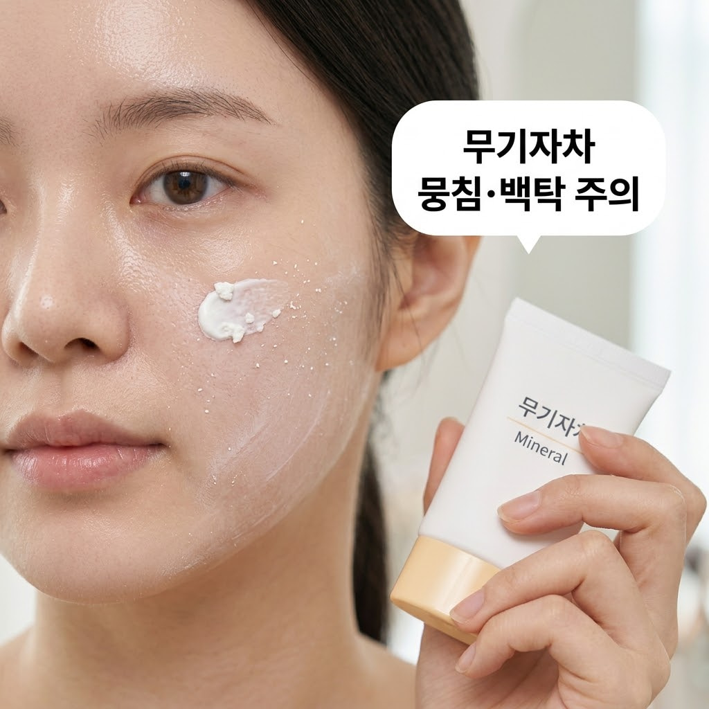 마스크팩 후 무기자차 선크림 양 조절 마스크팩 사용 후 선크림 뭉침을 방지하기 위해 두 손으로 무기자차 선크림의 양을 조절하며 얼굴에 조심스럽게 펴 바르는 모습.