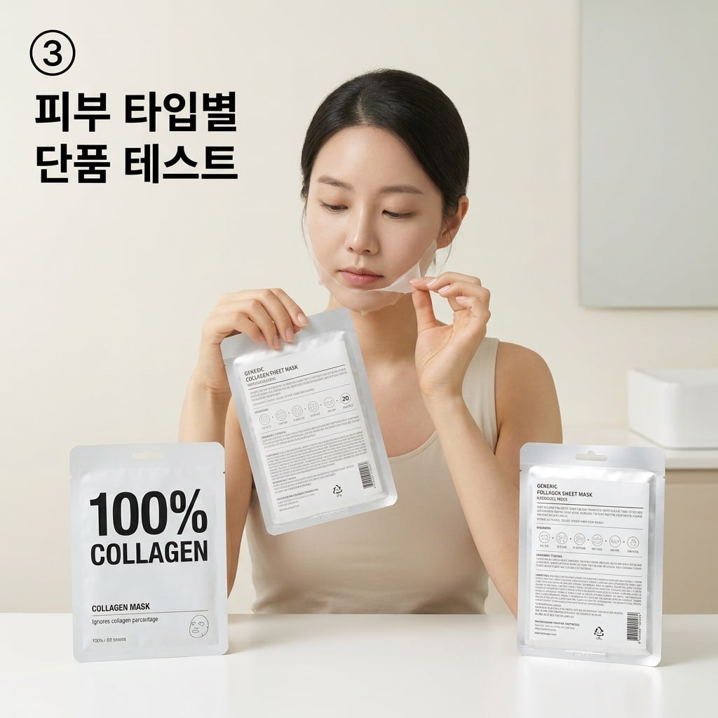 인기 제품 피부 타입별 단품 테스트 올리브영 인기 순위 제품이라도 내 피부 타입에 맞는지 확인하기 위해 두 손으로 단품 마스크팩을 턱선에 올려 피부 반응을 점검하는 모습.