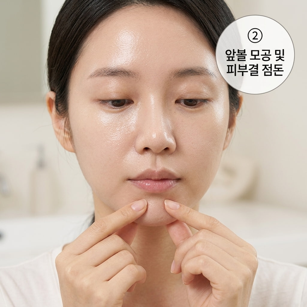 모공과 피부결 정돈 효과를 확인하기 위해 거울 앞에서 두 손의 손가락으로 앞볼을 가볍게 만지며 매끄러워진 상태를 살피는 모습.