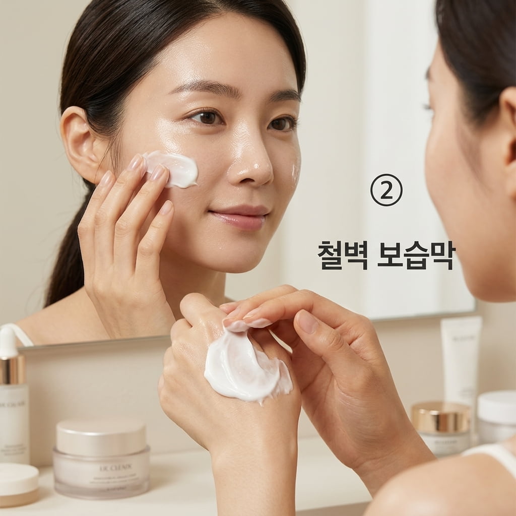 워시오프팩 사용 후 피부 자극을 줄이기 위해 필링패드와 스크럽 사용을 생략하고 두 손으로 순한 보습 크림만 얼굴에 부드럽게 펴 바르는 모습.