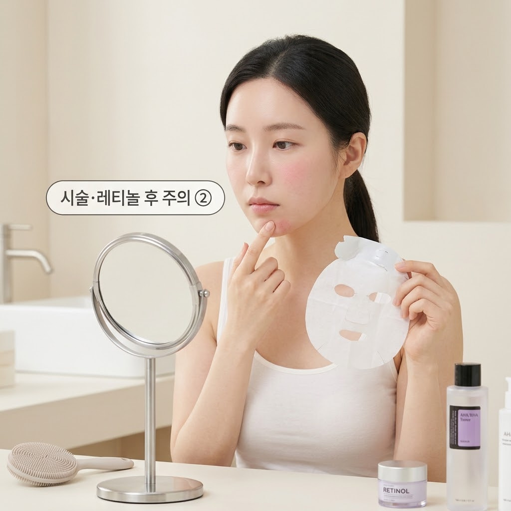 시술 후 자극 없는 진정 보습 크림 도포 각질 제거 후 예민해진 피부를 보호하기 위해 두 손으로 화장대 앞에서 부드러운 진정 보습 크림을 덜어 얼굴 전체에 얇게 펴 바르는 모습.
