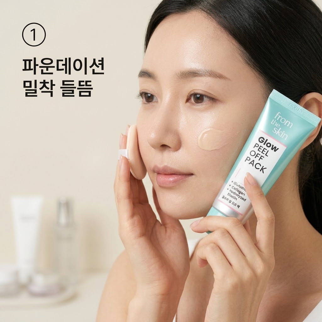 메이크업 전 피부결 정돈을 위해 두 손으로 가벼운 수분 세럼을 덜어내어 팩 사용 후 매끈해진 볼에 부드럽게 흡수시키는 모습.