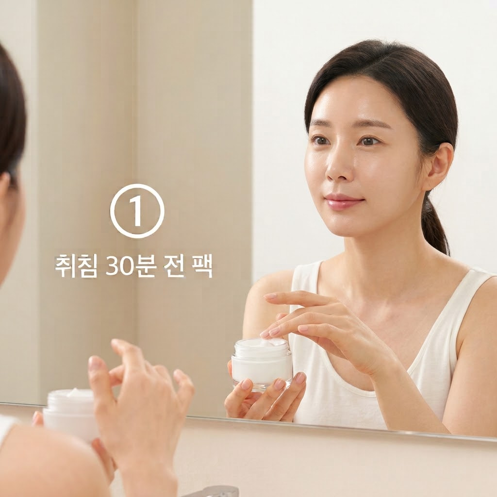 마스크팩 취침 30분 전 마무리를 실천하기 위해 두 손으로 수분 크림을 덜어 얼굴에 부드럽게 펴 바르며 보습을 채우는 모습.