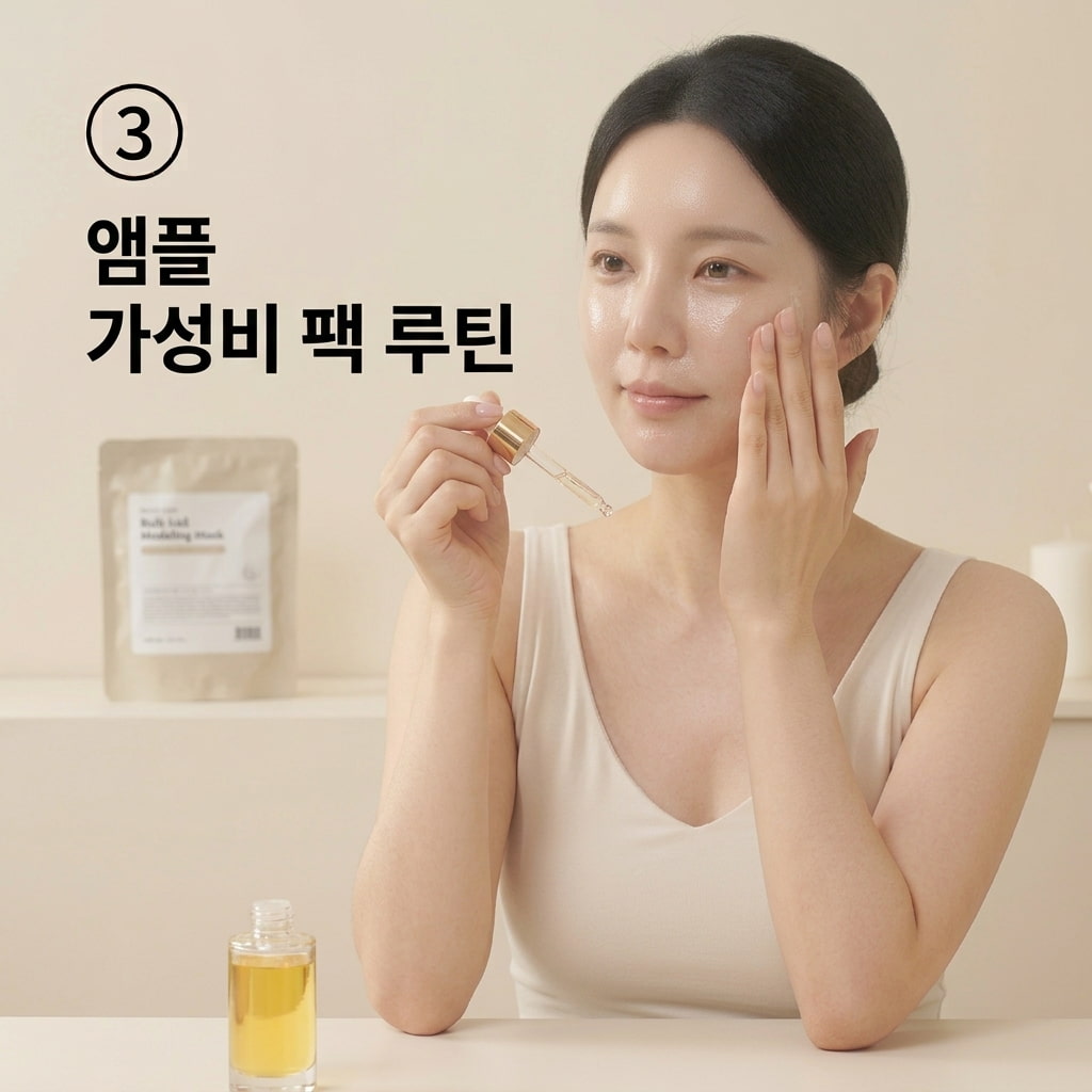 고퀄리티 앰플과 가성비 팩의 시너지 다이소 가성비 팩과 시너지를 내기 위해 두 손으로 고가의 수분 진정 앰플을 팩 도포 전 얼굴에 듬뿍 펴 바르며 흡수시키는 모습.
