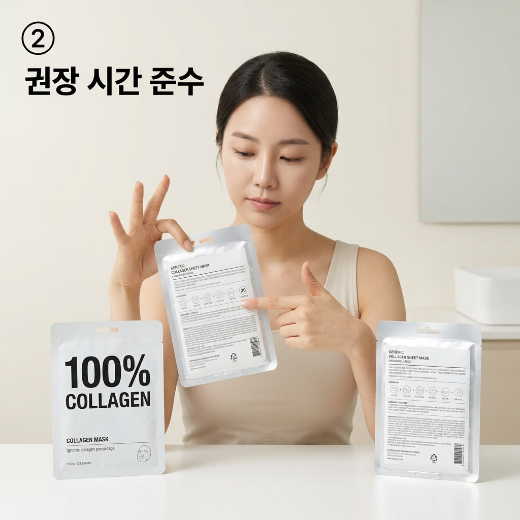 일반 팩 수면팩 오용 방지 일반 시트팩을 수면팩처럼 밤새 붙이는 실수를 막기 위해 두 손으로 패키지 뒷면의 권장 사용 시간을 꼼꼼히 확인하는 모습.
