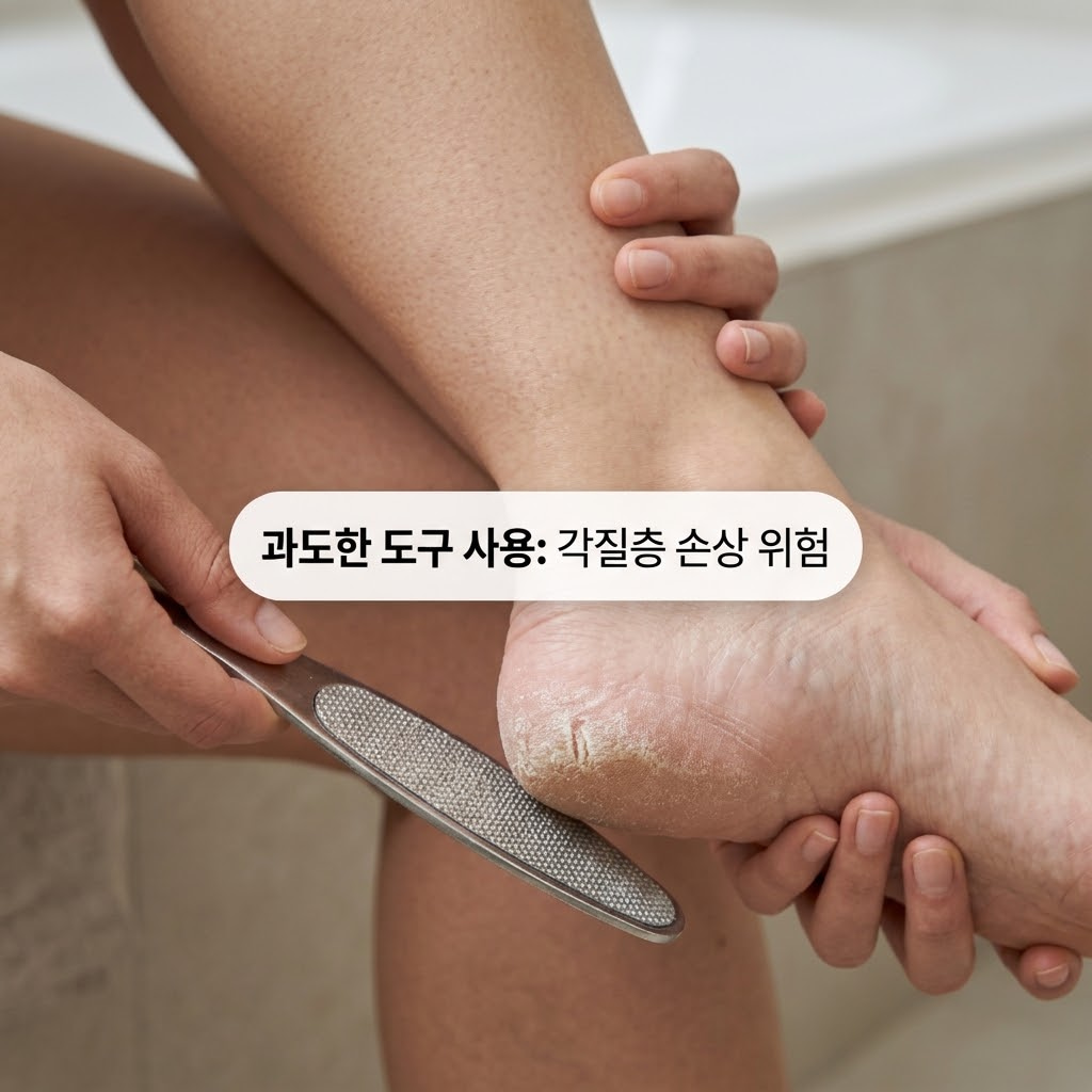 쾌적한 조명의 욕실 세면대 앞. "두 개의 사람 손"이 거친 물리적 제거기 사용을 최소화하기 위해 손에 쥐었던 풋파일을 내려놓고, 대신 각질을 부드럽게 불려줄 순한 연화제를 발에 가볍게 롤링하며 마사지하는 액션을 취하고 있습니다. 세면대 한쪽에는 강하게 갈아내는 습관을 대체할 순한 풋 스크럽이 차가운 스테인리스 소재의 "계량컵 없는 믹싱 볼" 안에 깔끔하게 담겨 있어, 피부 손상과 과각질화(더 두꺼워지는 현상)를 막기 위해 도구 의존도를 낮추는 현명한 뷰티 습관을 보여줍니다.