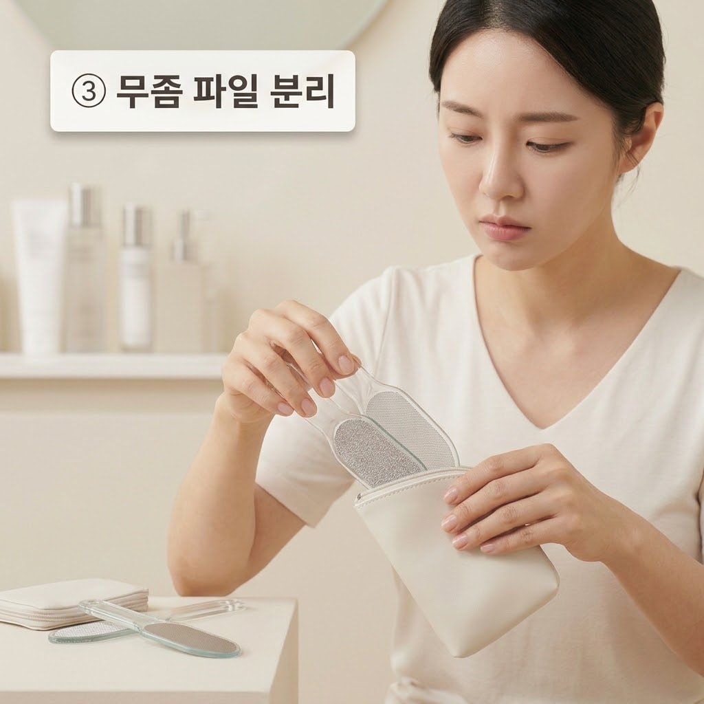 무좀 의심 발 증상 악화와 전염을 막기 위해 두 손으로 하얗게 불어난 발가락 사이를 살핀 뒤 사용하던 거친 풋파일을 개인용 파우치에 따로 분리해 넣는 모습.