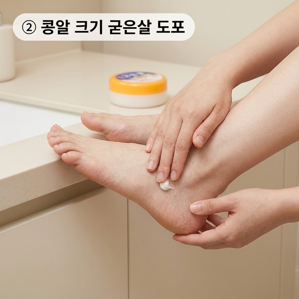 고운발 크림 적정량을 맞추기 위해 두 손으로 콩알 크기의 크림을 덜어 거친 발뒤꿈치와 굳은살 부위에 점찍듯 넓게 펴 바르는 모습.