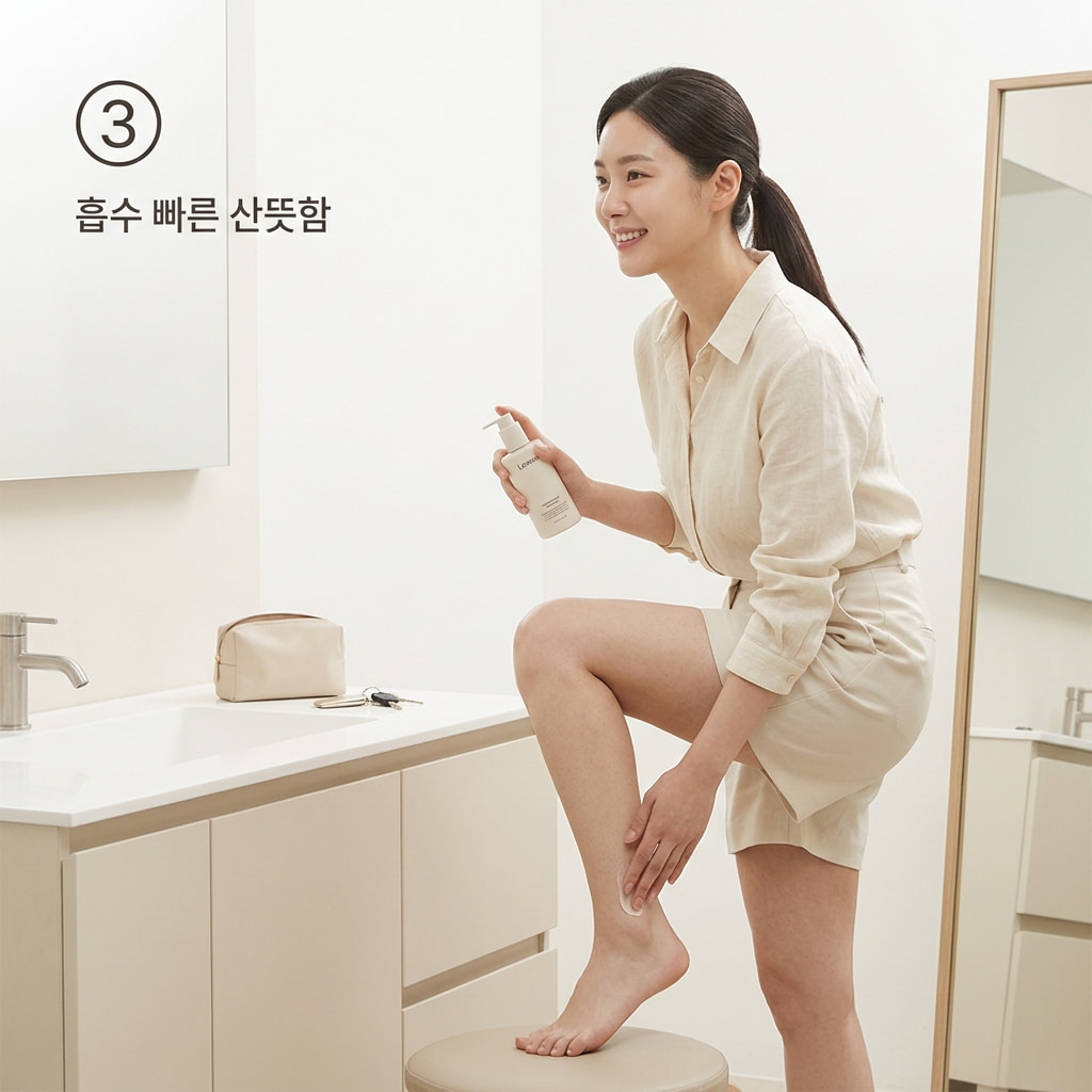 외출 전 풋크림 제형 확인을 위해 두 손으로 끈적임 없이 흡수가 빠른 가벼운 로션 타입의 크림을 발 마찰 부위에 두드려 바르는 모습.