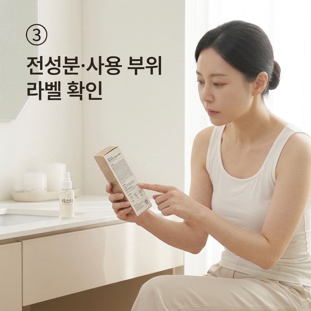 올리브영 풋스프레이의 사용 가능 부위와 전성분을 점검하기 위해 두 손으로 패키지 뒷면의 안내 라벨을 꼼꼼하게 읽어보는 모습.