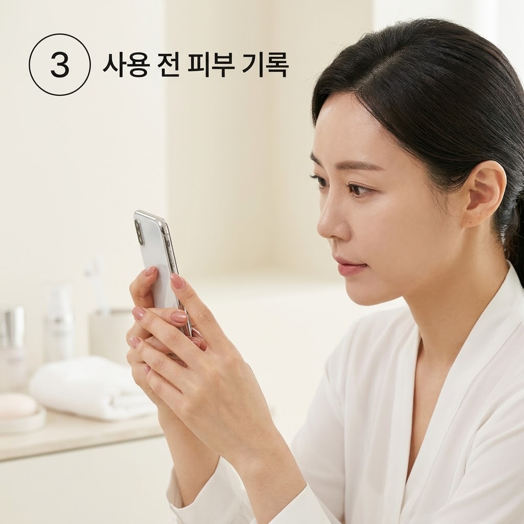 글로우 필오프팩 사용 전 정확한 피부 상태를 기록하기 위해 두 손으로 스마트폰을 들고 건조한 볼과 턱 주변을 촬영하는 모습.