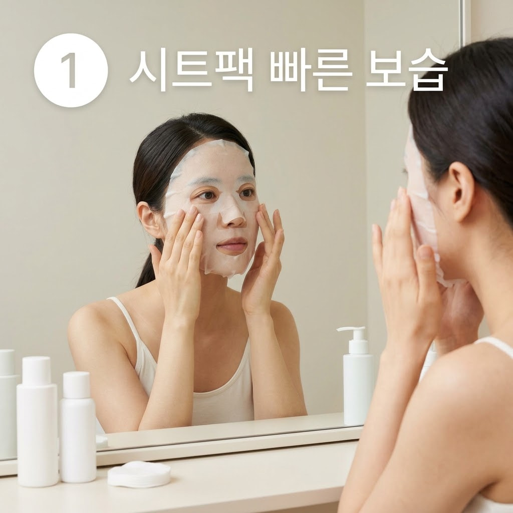 일반 시트팩 보습 효과를 위해 두 손으로 얇은 시트 마스크를 얼굴 굴곡에 맞춰 꼼꼼하게 밀착시키며 수분감을 전달하는 모습.