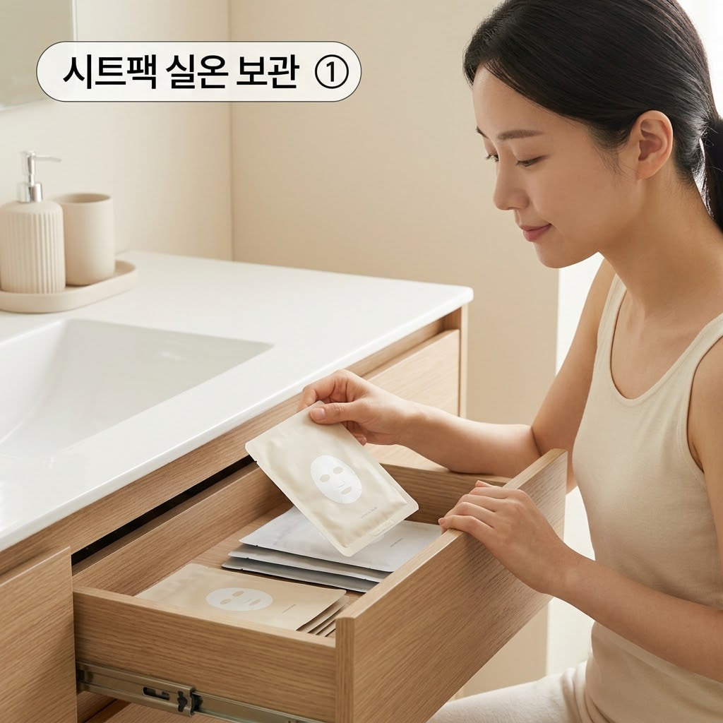 일반 시트 마스크팩 서랍 실온 보관 일반 시트 마스크팩 실온 보관 원칙을 지키기 위해 두 손으로 화장대 서랍에서 부직포 시트팩 파우치를 꺼내는 모습.