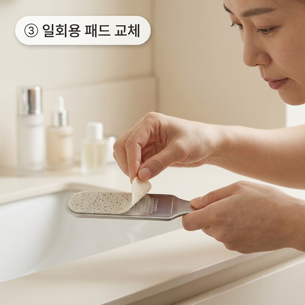 발각질 제거기 개인 사용 원칙을 지키기 위해 두 손으로 다공성 재질의 일회용 접착 리필 패드를 조심스럽게 떼어내어 분리하는 모습.