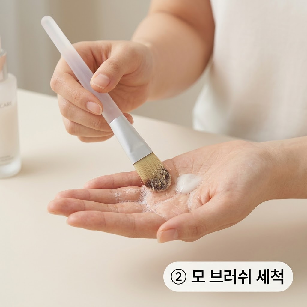 모 브러쉬 사이 굳은 팩을 부드럽게 제거하기 위해 두 손으로 브러쉬 끝만 미지근한 물에 적셔 세정제가 있는 손바닥 위에서 결을 따라 살살 문지르는 모습.