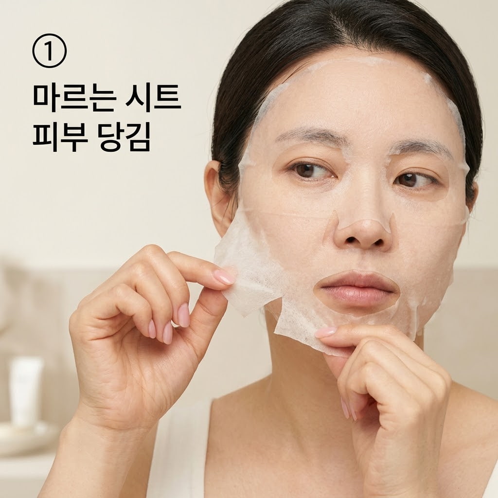 마르는 시트의 피부 당김을 막기 위해 두 손으로 얼굴 가장자리에서 들뜨기 시작한 마스크팩을 조심스럽게 떼어내는 모습.