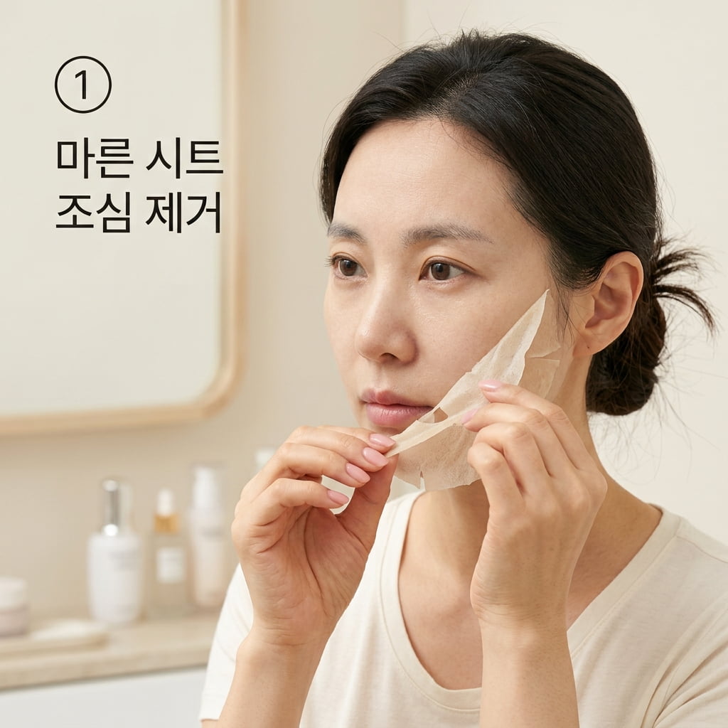 아침에 마른 시트 조치를 위해 두 손으로 얼굴 가장자리에 들러붙은 마스크팩을 천천히 들어 올려 자극 없이 떼어내는 모습.