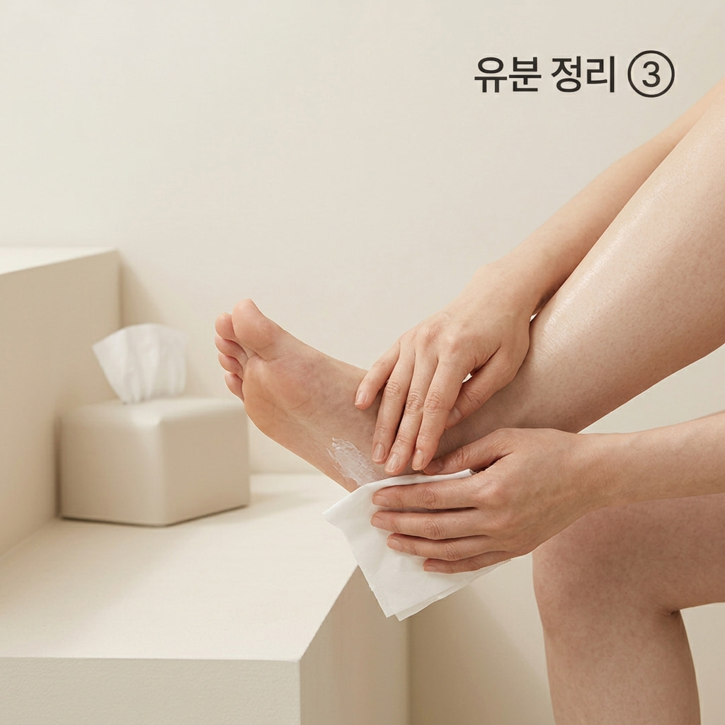 겉도는 풋크림의 끈적임을 줄이기 위해 두 손으로 티슈를 감싸 쥐어 발뒤꿈치에 남은 유분을 가볍게 눌러 정리하는 모습.