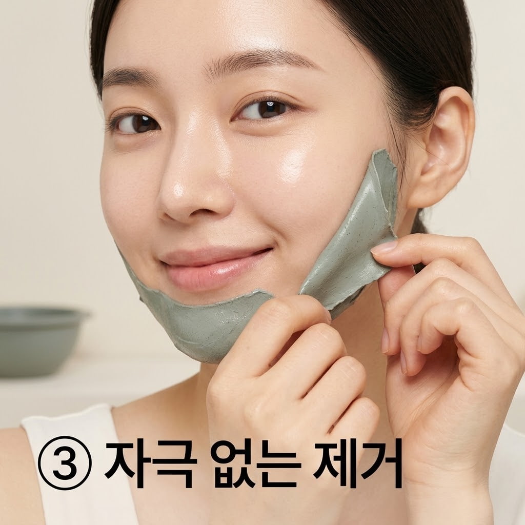화장솜을 활용한 잔여물 제거 굳은 팩 잔여물로 인한 피부 미세 상처를 막기 위해 두 손으로 스킨을 듬뿍 적신 화장솜을 턱 끝에 올려 부드럽게 불려 녹여내는 모습.