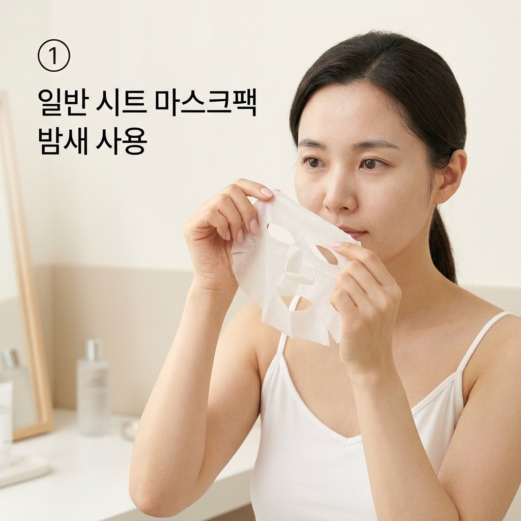 일반 시트 마스크팩 부작용을 막기 위해 두 손으로 취침 30분 전 얼굴에서 마른 팩을 조심스럽게 떼어내는 모습.