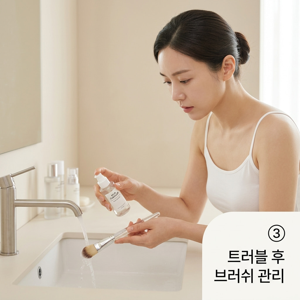 피부 트러블 후 브러쉬 관리 원칙을 지키기 위해 두 손으로 오염이 의심되는 기존 팩 브러쉬를 내려놓고 새로운 도구로 교체를 준비하는 모습.
