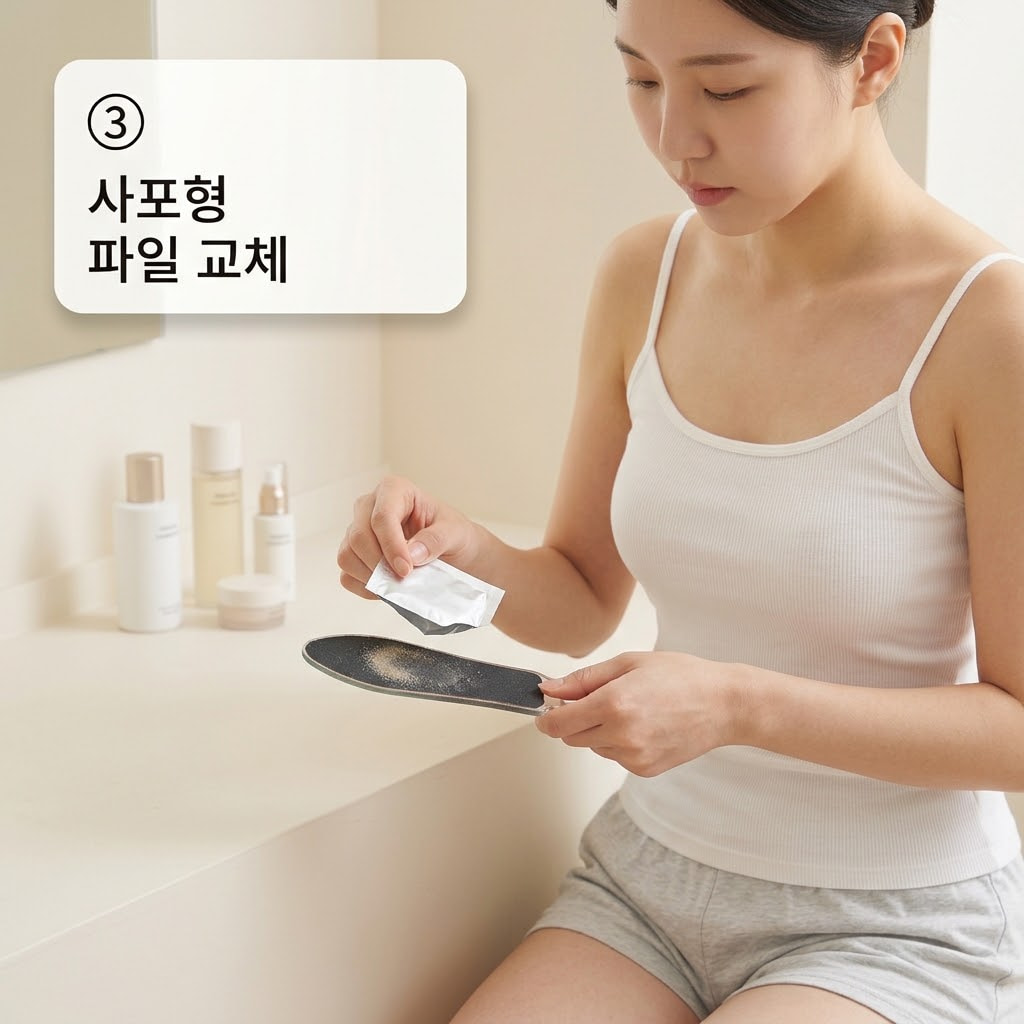 사포형 발각질 파일의 위생적인 관리를 위해 두 손으로 마모되고 오염된 접착식 리필 패드를 본체에서 조심스럽게 떼어내어 교체하는 모습.