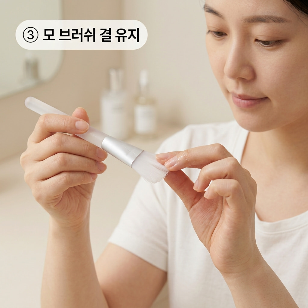 모 브러쉬 결 유지를 위해 두 손으로 세척이 끝난 젖은 브러쉬의 끝을 부드럽게 눌러 모가 퍼지지 않게 원래 형태로 정돈하는 모습.