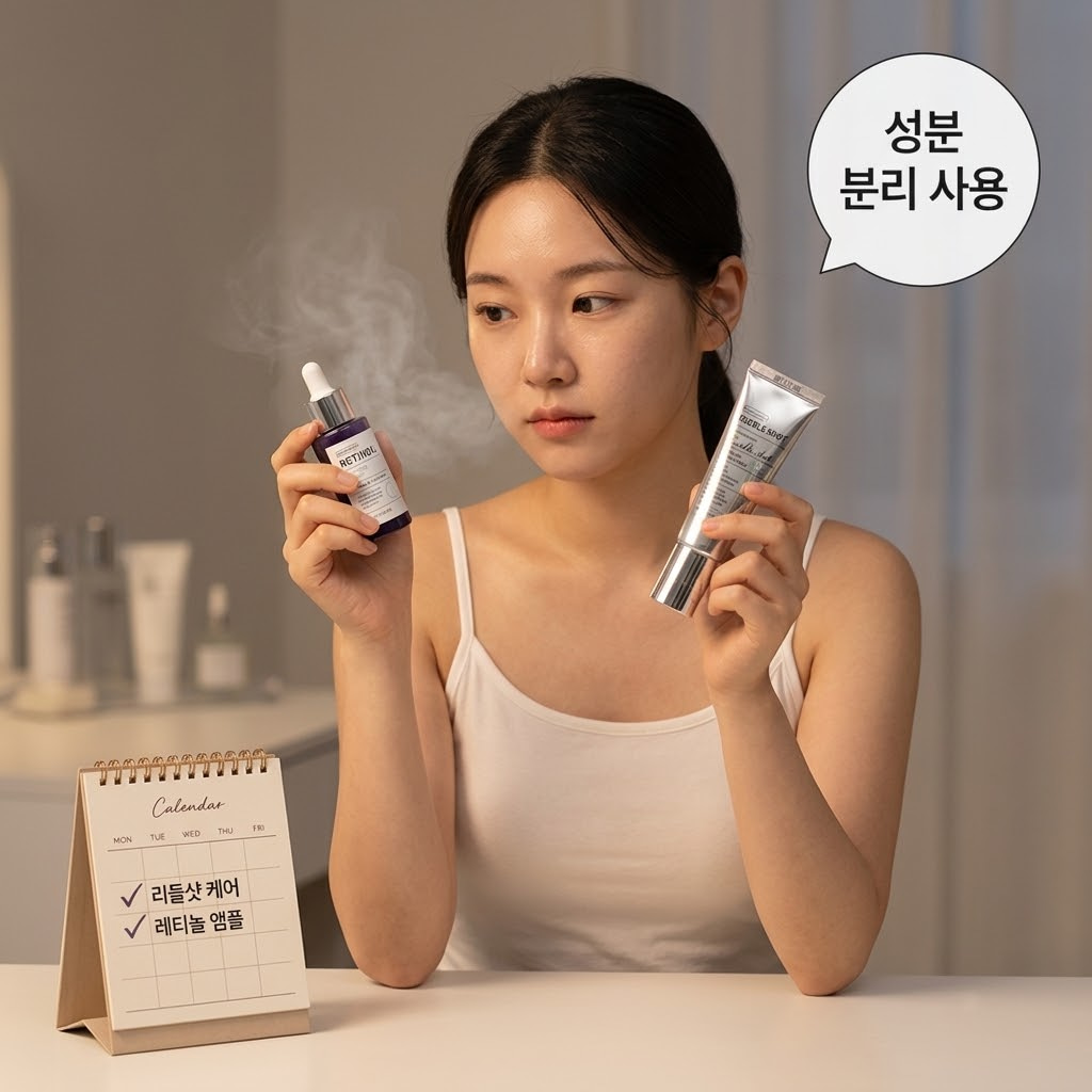 자연광이 은은하게 들어오는 화장대 위. "두 개의 사람 손"이 피부에 과도한 자극을 줄 수 있는 고농도 비타민C와 레티놀 앰플을 안전을 위해 한쪽으로 밀어 치워두고, 리들샷 사용 후 피부를 달래줄 순한 수분 진정 세럼만을 조심스럽게 꺼내는 액션을 취하고 있습니다. 그 앞에는 자극 없이 부드러운 케어를 돕기 위해 미리 준비된 맑은 투명 유리 소재의 "계량컵 없는 믹싱 볼"이 정갈하게 놓여 있어, 물리적 자극(리들샷)과 화학적 자극(기능성 성분)을 엄격히 분리하는 이성적인 상황을 보여줍니다.