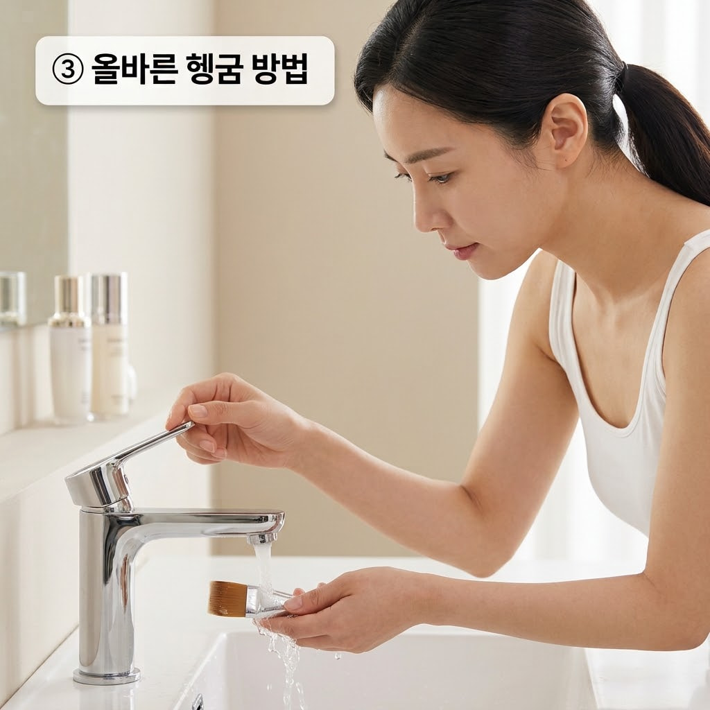 모 브러쉬 손잡이 연결부에 물이 고이지 않도록 두 손으로 브러쉬 끝을 아래 방향으로 향하게 잡고 약한 물줄기에 결을 따라 헹구는 모습.