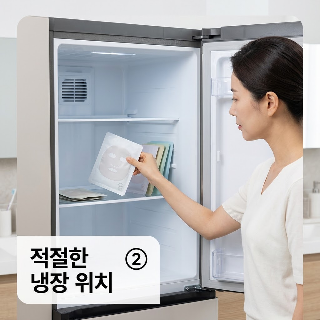 마스크팩 안전한 냉장고 보관 위치 냉장고 마스크팩 보관 위치를 지키기 위해 두 손으로 강한 냉기가 나오는 안쪽을 피해 문 쪽 수납칸에 팩 한 장을 꽂아 두는 모습.