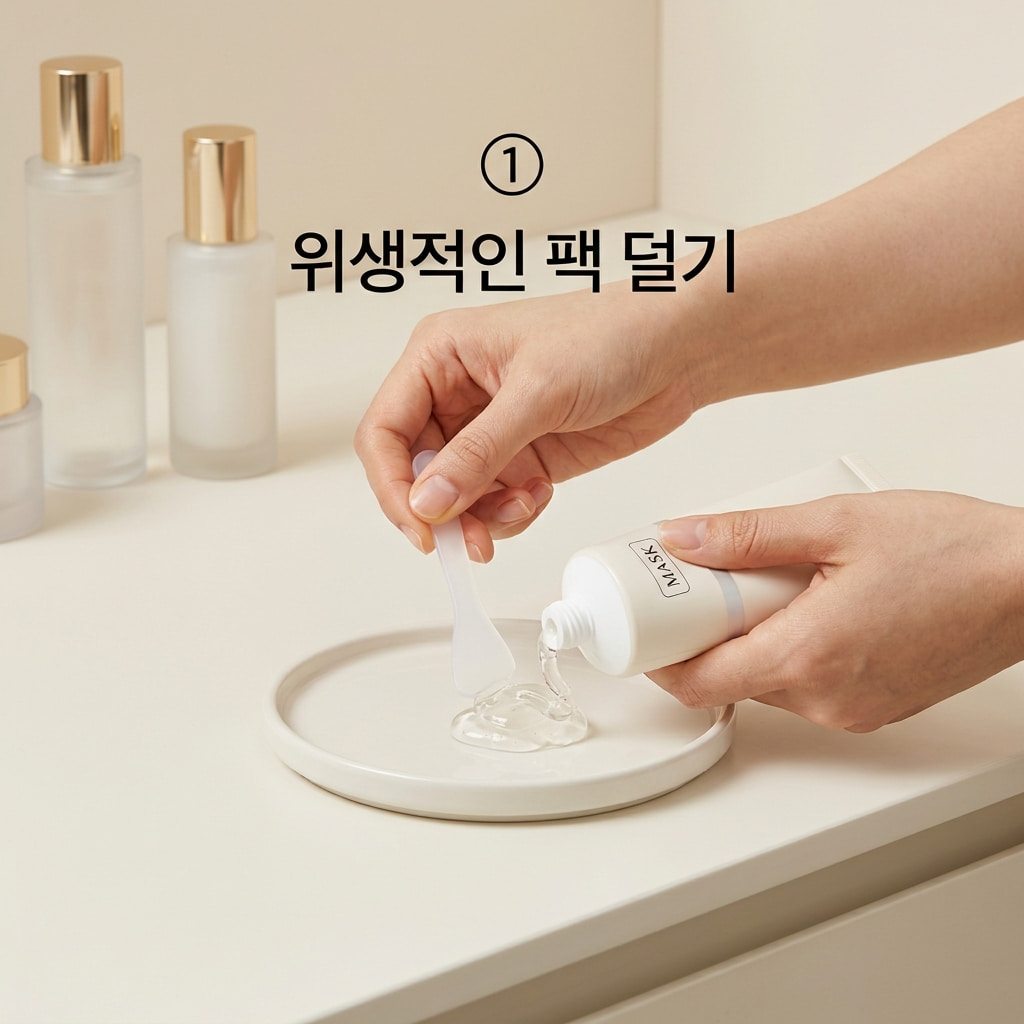 스파출러 팩 덜어내기 위생 루틴을 위해 두 손으로 작은 실리콘 스파출러를 사용해 튜브에서 적당량의 필오프팩을 깨끗한 팔레트 위에 조심스럽게 덜어내는 모습.
