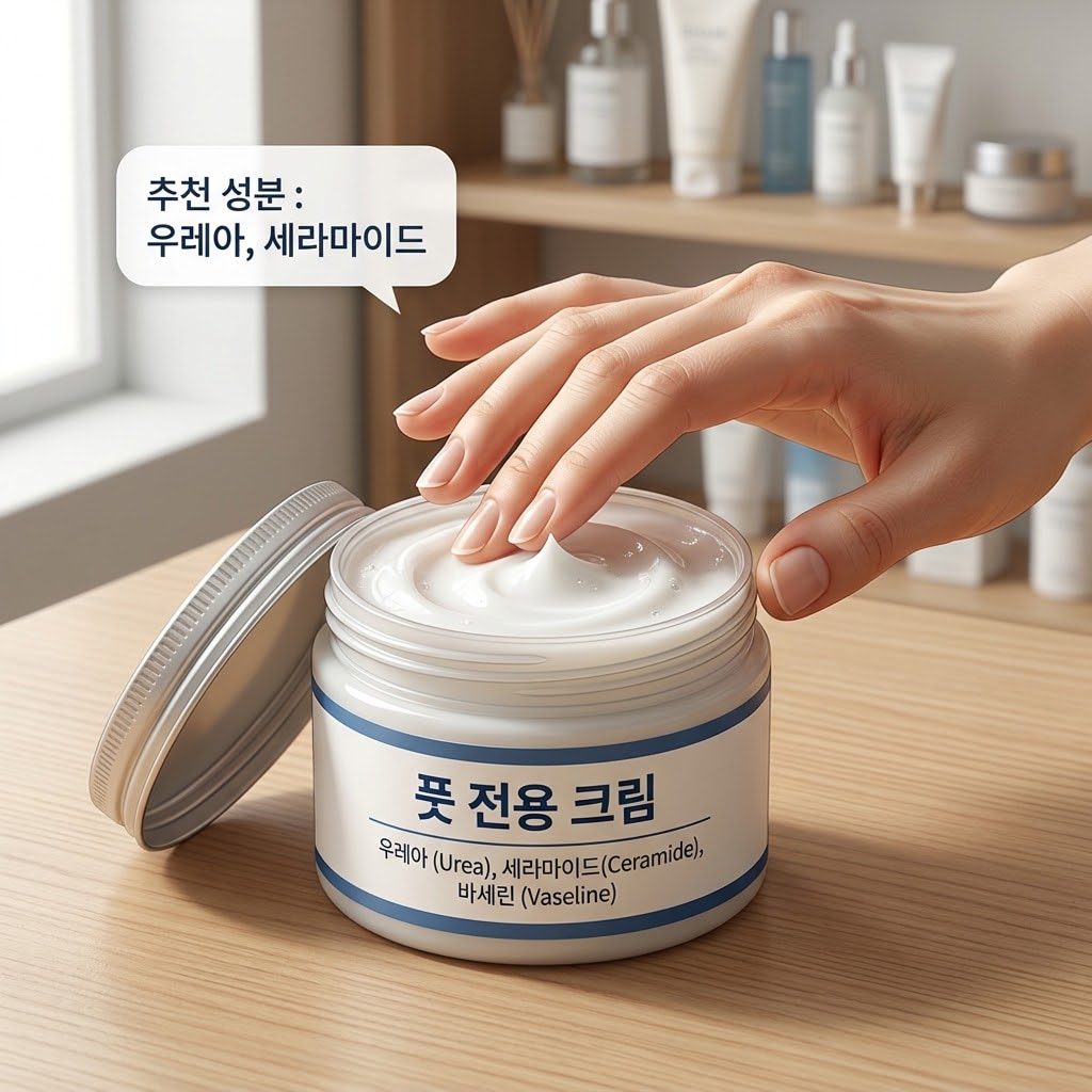 차분한 우드 톤의 화장대 위. "두 개의 사람 손"이 꾸덕하고 영양감 넘치는 풋 전용 크림을 덜어내어 새 피부가 드러난 발뒤꿈치에 지그시 눌러 흡수시키는 든든한 보호 액션을 취하고 있습니다. 화장대 한편에는 장벽을 튼튼하게 채워주는 세라마이드 캡슐과 수분 증발을 막는 바세린 텍스처 밤이 차가운 스테인리스 소재의 "계량컵 없는 믹싱 볼" 안에 전문적으로 배합되듯 담겨 있어, 일반 로션보다 강력한 특화 성분으로 연약한 새 피부를 완벽하게 보호하는 상황을 보여줍니다.